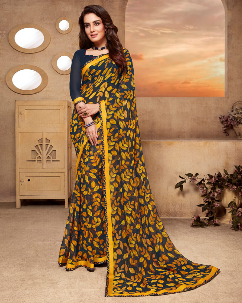 Vishal Prints Navy Blue And Yellow Printed Georgette Saree