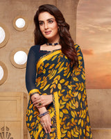 Vishal Prints Navy Blue And Yellow Printed Georgette Saree