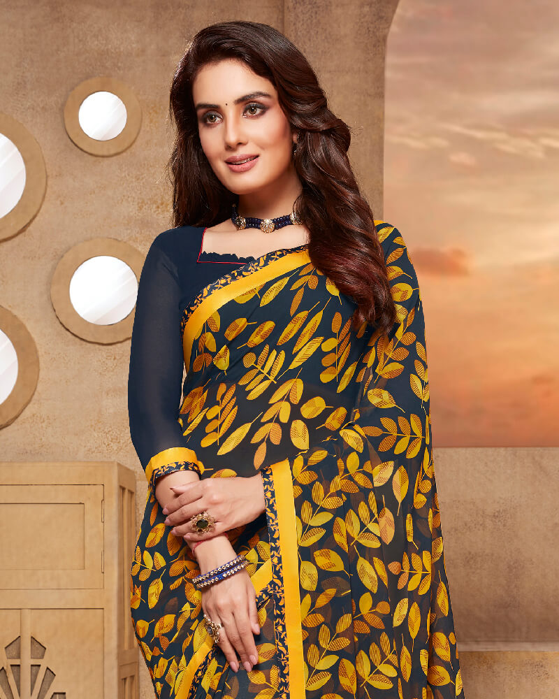 Vishal Prints Navy Blue And Yellow Printed Georgette Saree