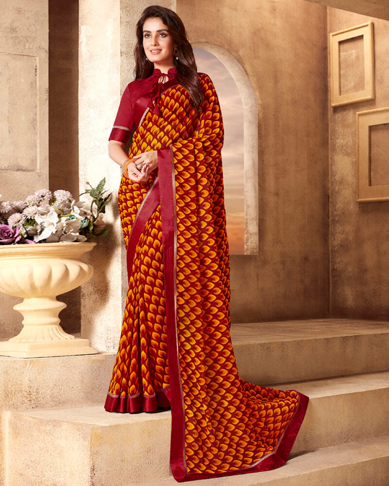 Vishal Prints Dark Red And Yellow Printed Georgette Saree