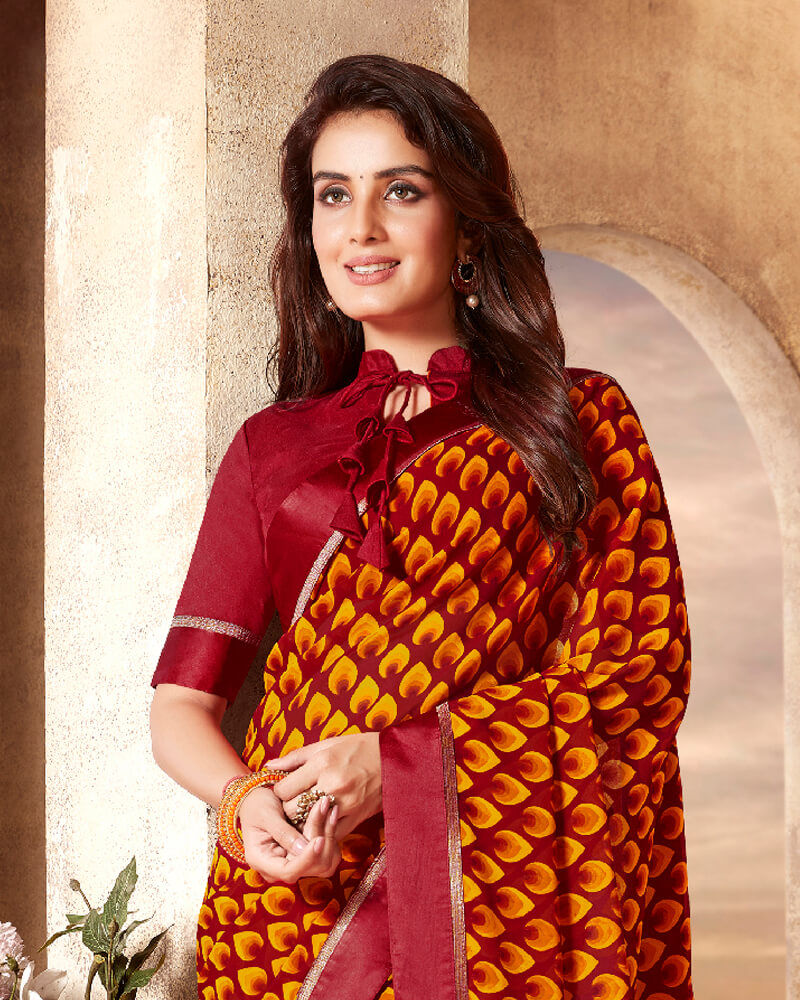 Vishal Prints Dark Red And Yellow Printed Georgette Saree