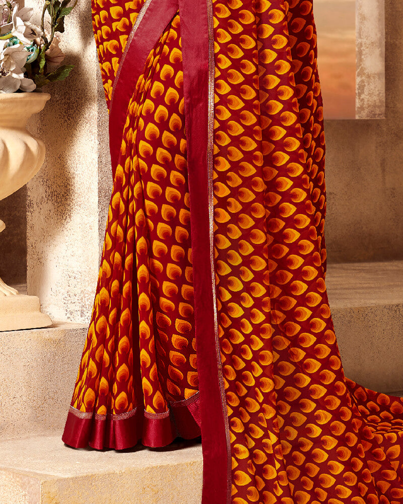 Vishal Prints Dark Red And Yellow Printed Georgette Saree