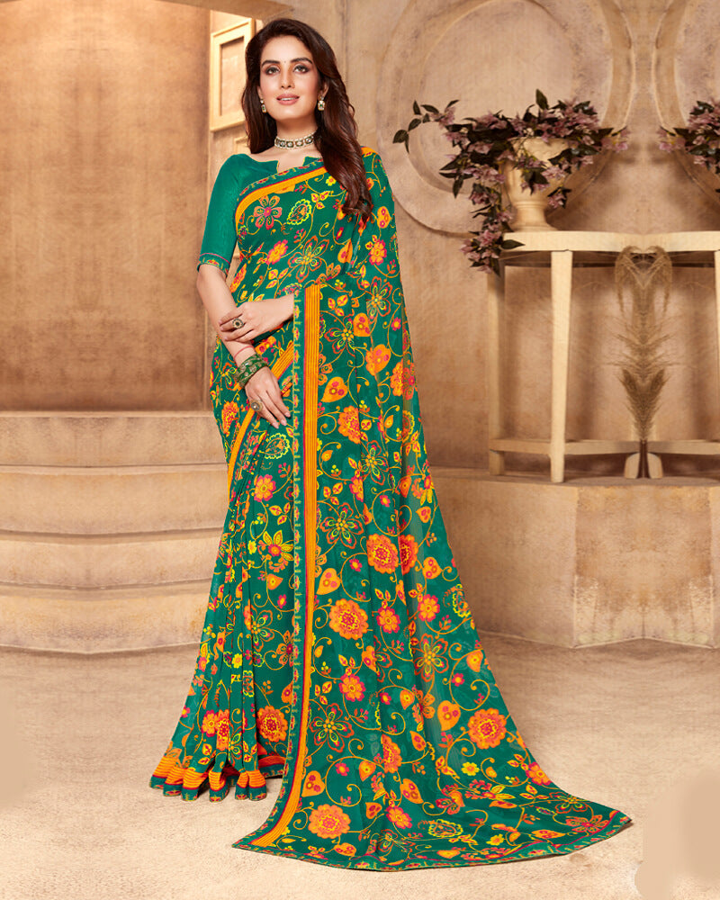 Vishal Prints Rama Green Printed Georgette Saree