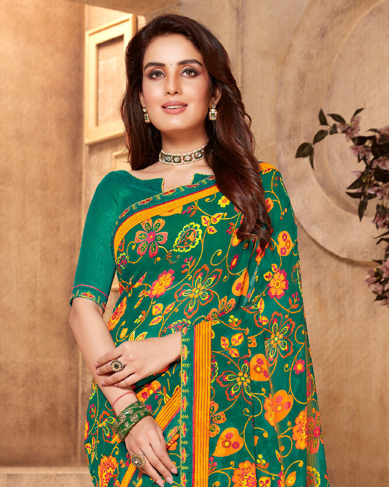 Vishal Prints Rama Green Printed Georgette Saree