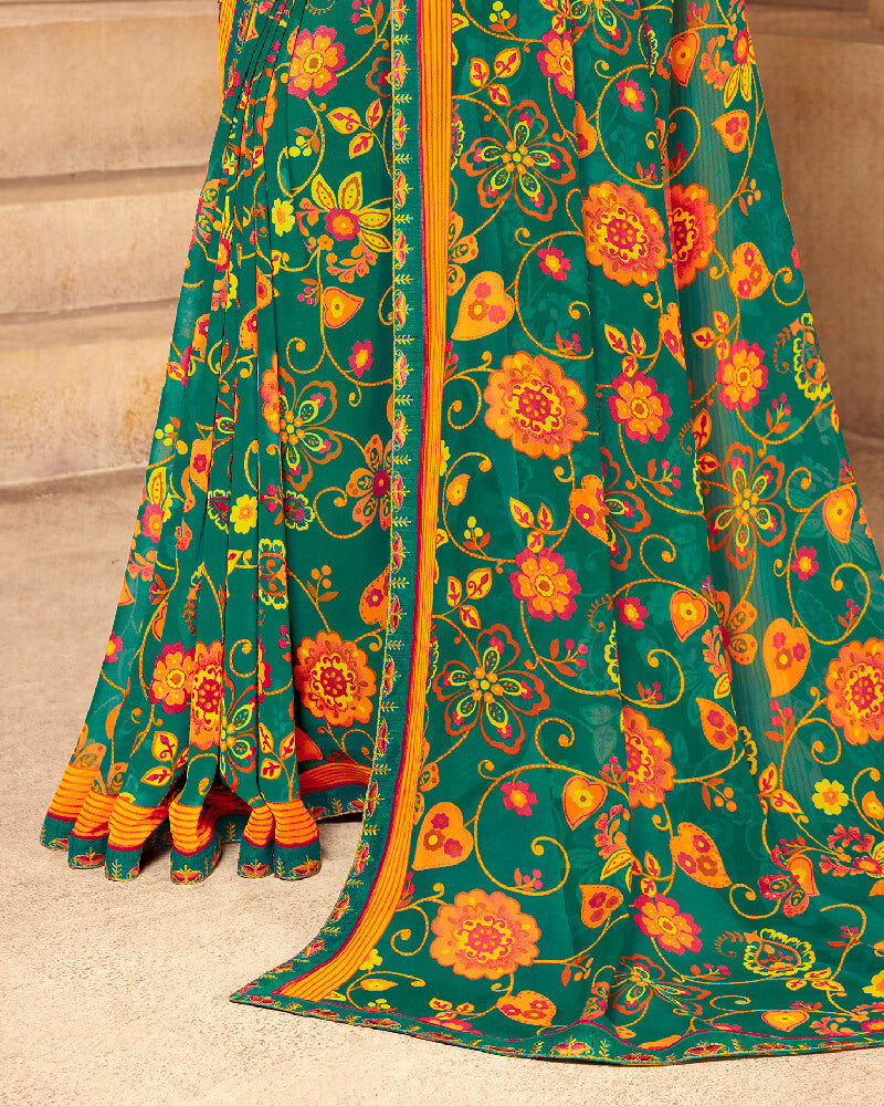 Vishal Prints Rama Green Printed Georgette Saree
