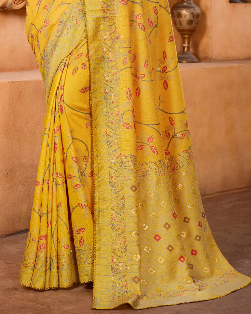 Vishal Prints Golden Yellow Cotton Brasso Saree With Foil Print