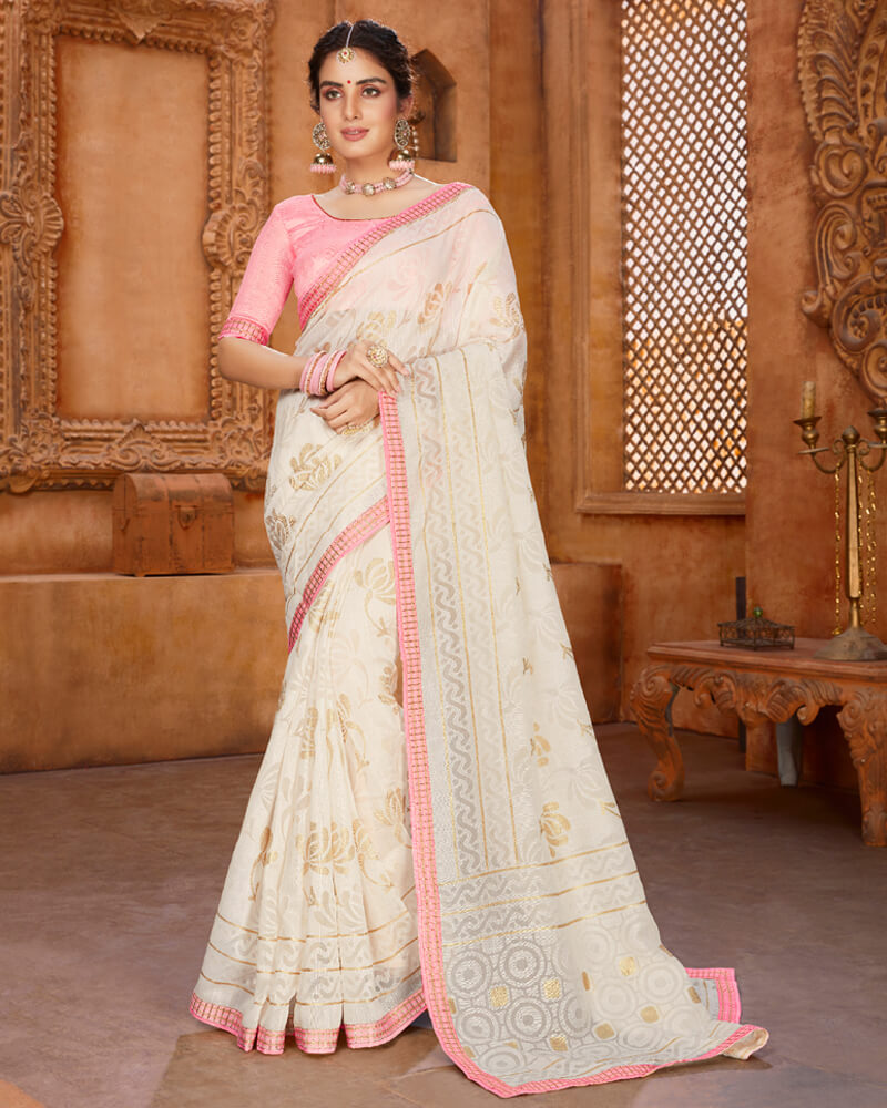 Vishal Prints Off White Cotton Brasso Saree With Foil Print