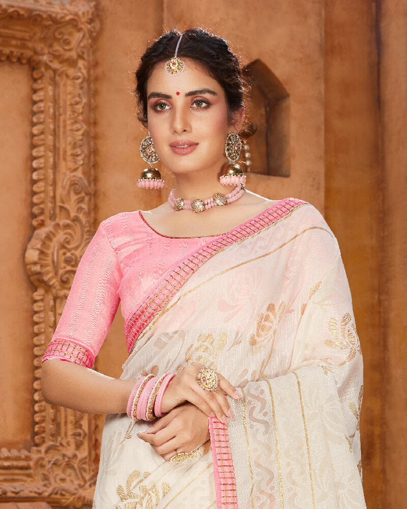 Vishal Prints Off White Cotton Brasso Saree With Foil Print