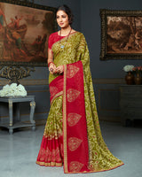 Vishal Prints Moss Green Brasso Saree With Foil Print And Jari Border