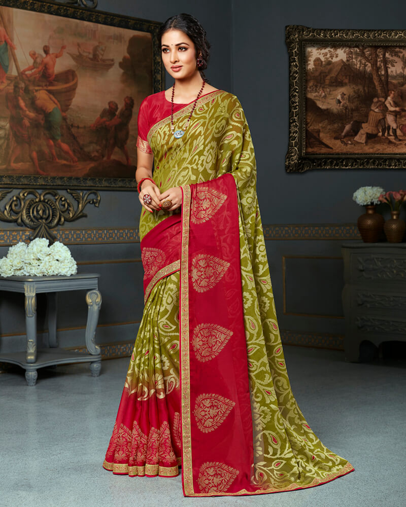 Vishal Prints Moss Green Brasso Saree With Foil Print And Jari Border