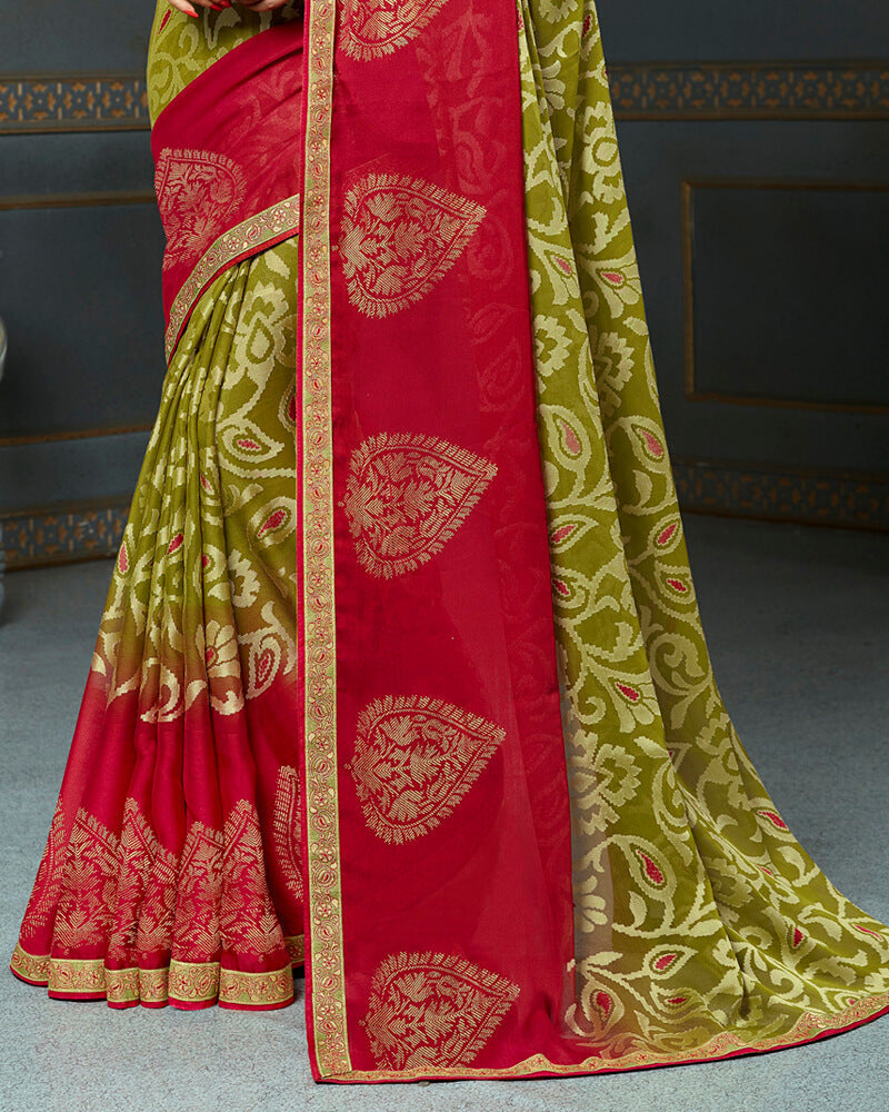Vishal Prints Moss Green Brasso Saree With Foil Print And Jari Border