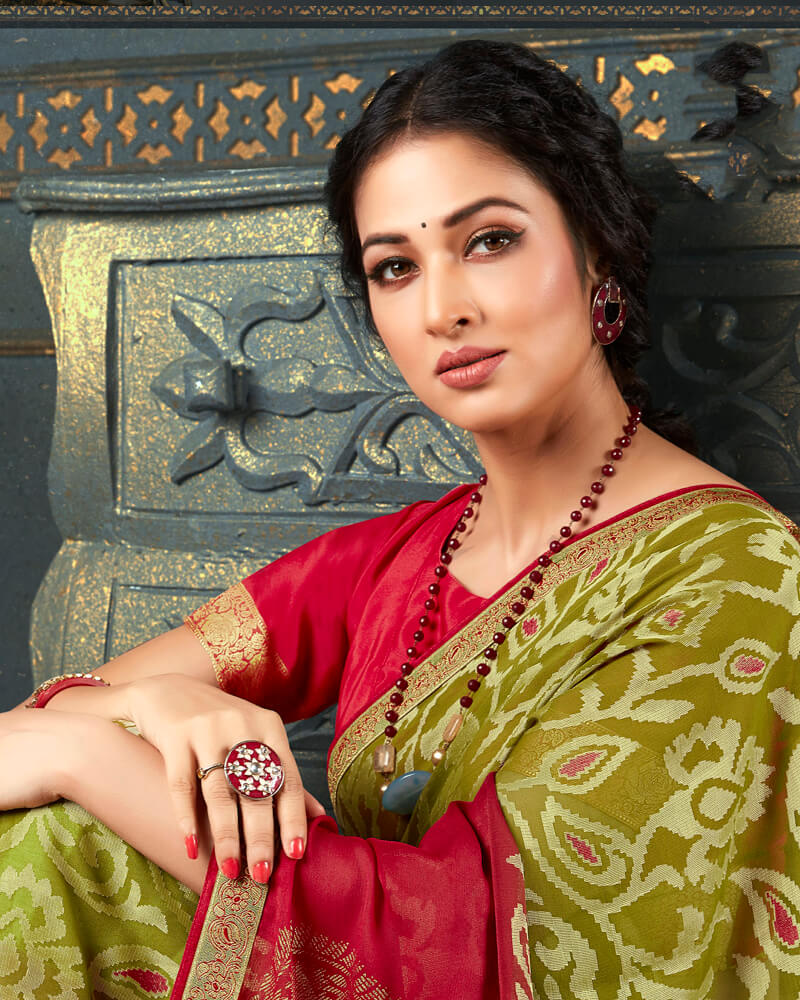 Vishal Prints Moss Green Brasso Saree With Foil Print And Jari Border