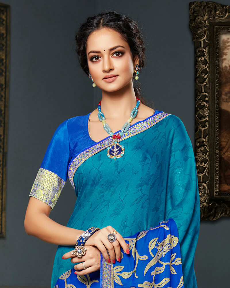 Vishal Prints Blue Brasso Saree With Foil Print And Jari Border