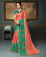 Vishal Prints Coral Brasso Saree With Foil Print And Jari Border
