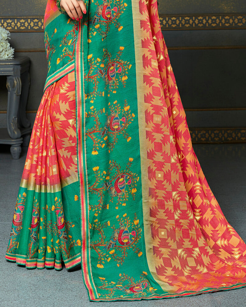 Vishal Prints Coral Brasso Saree With Foil Print And Jari Border
