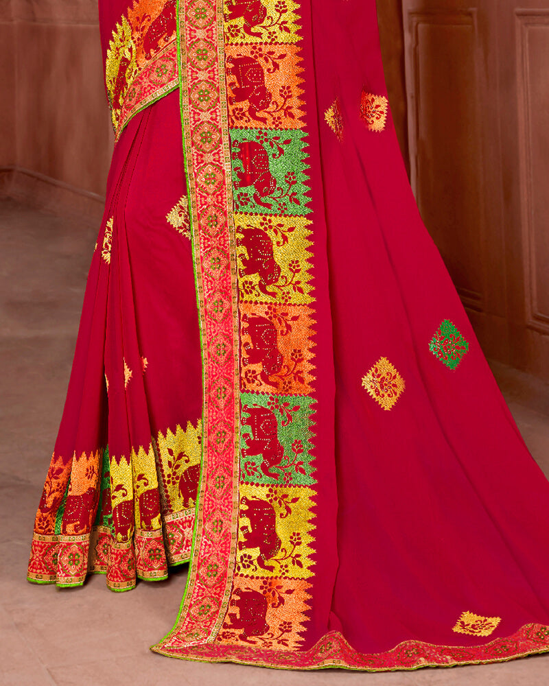 Vishal Prints Cherry Red Art Silk Saree With Embroidery Work And Border
