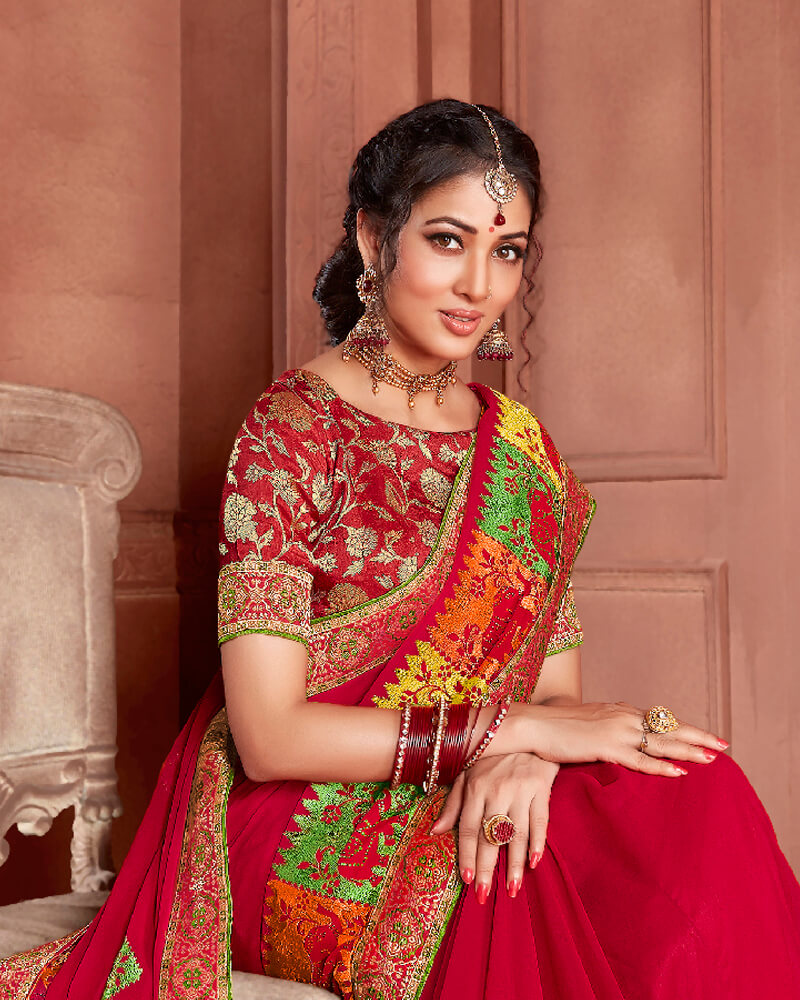 Vishal Prints Cherry Red Art Silk Saree With Embroidery Work And Border