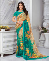 Vishal Prints Fawn And Teal Green Digital Print Georgette Saree