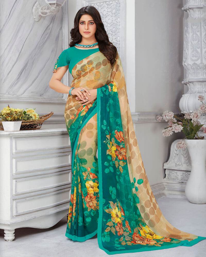 Vishal Prints Fawn And Teal Green Digital Print Georgette Saree