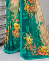 Vishal Prints Fawn And Teal Green Digital Print Georgette Saree