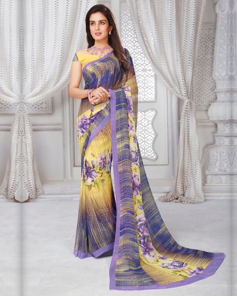 Vishal Prints Light Yellow And Lavender Digital Print Georgette Saree