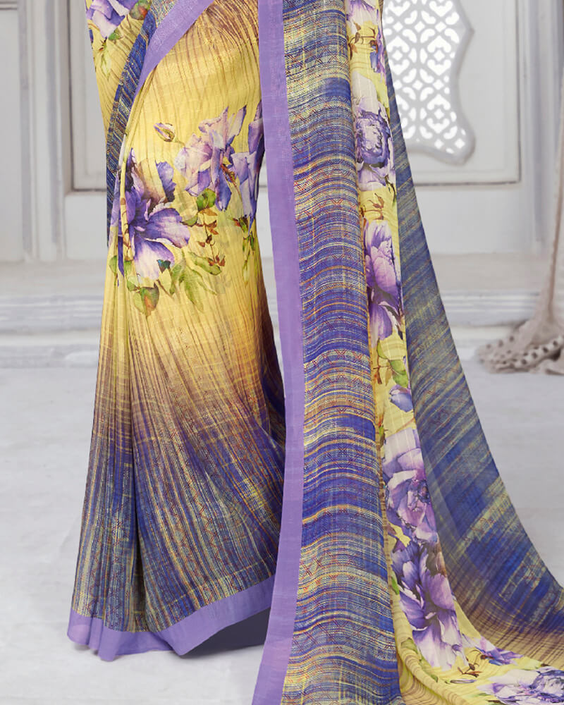Vishal Prints Light Yellow And Lavender Digital Print Georgette Saree