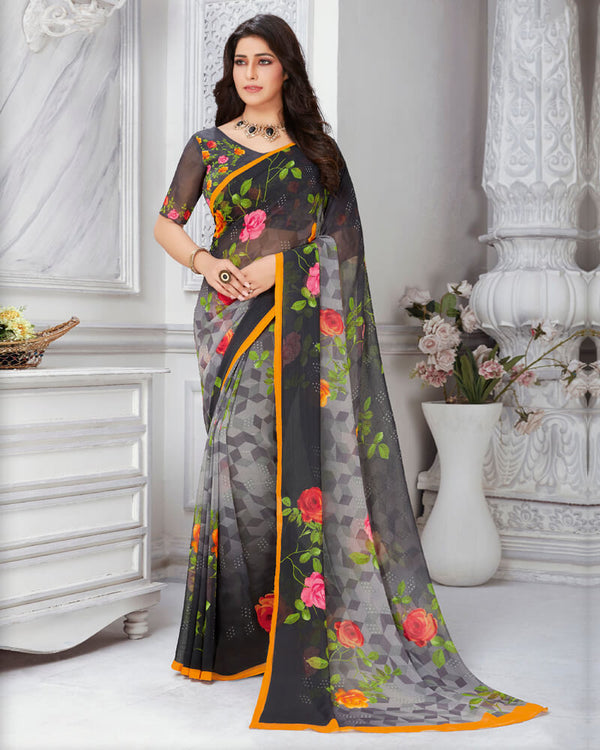 Vishal Prints Black And Grey Digital Print Georgette Saree