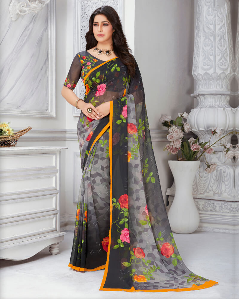 Vishal Prints Black And Grey Digital Print Georgette Saree