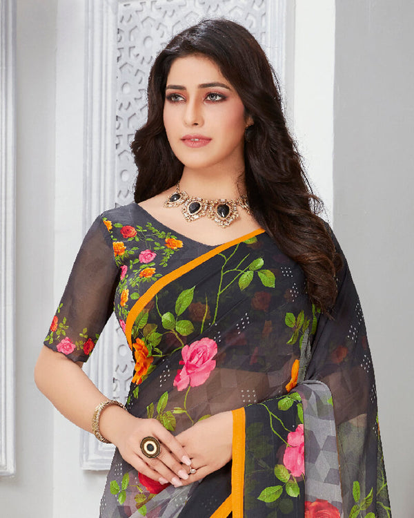 Vishal Prints Black And Grey Digital Print Georgette Saree