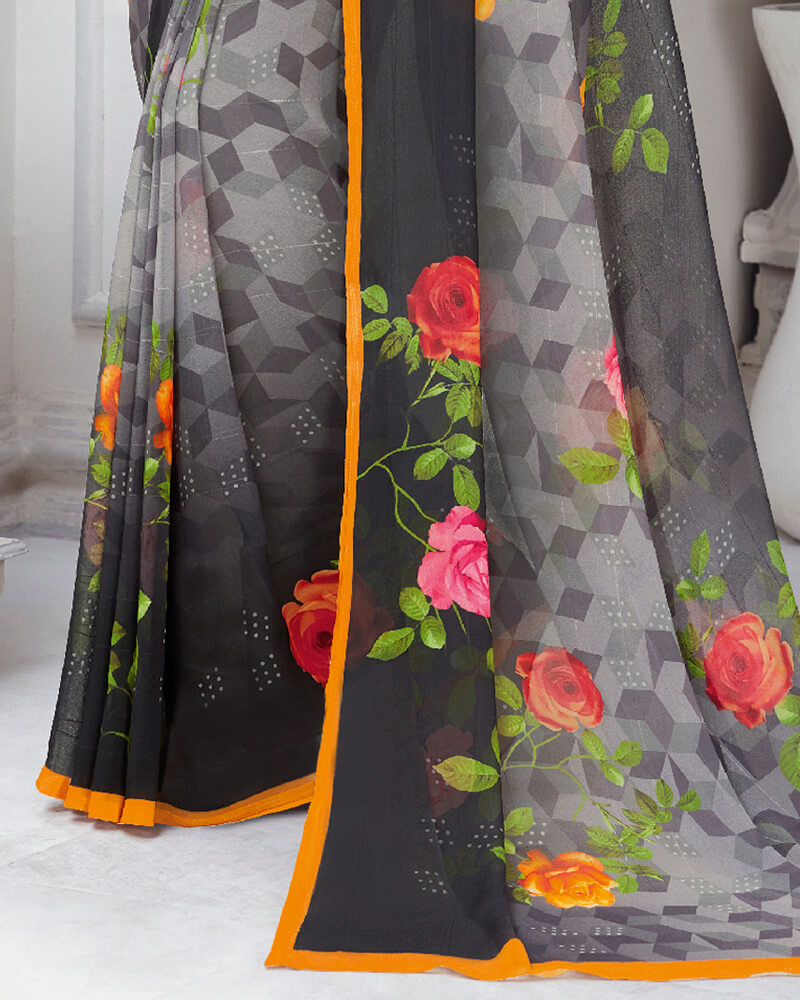 Vishal Prints Black And Grey Digital Print Georgette Saree