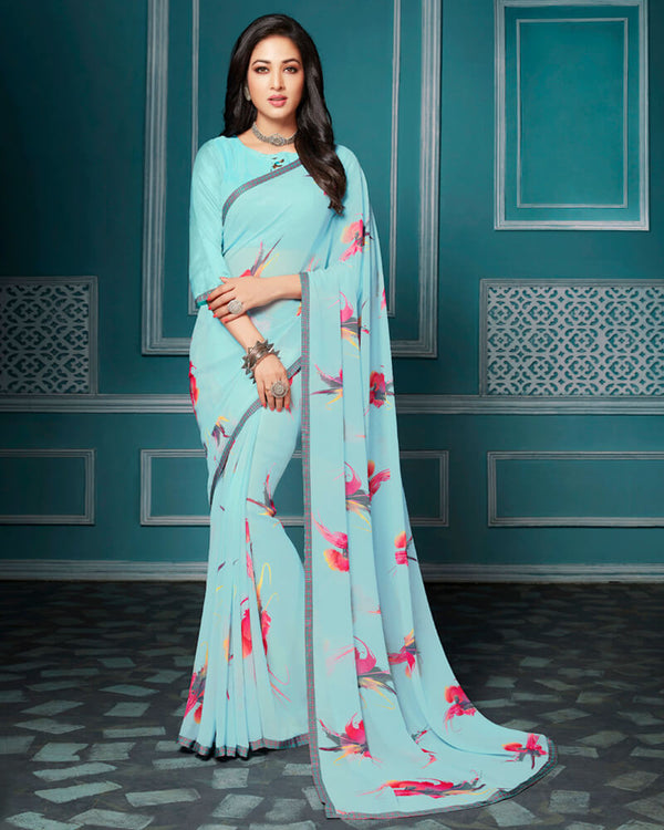 Vishal Prints Pastel Blue Floral Print Georgette Saree With Piping