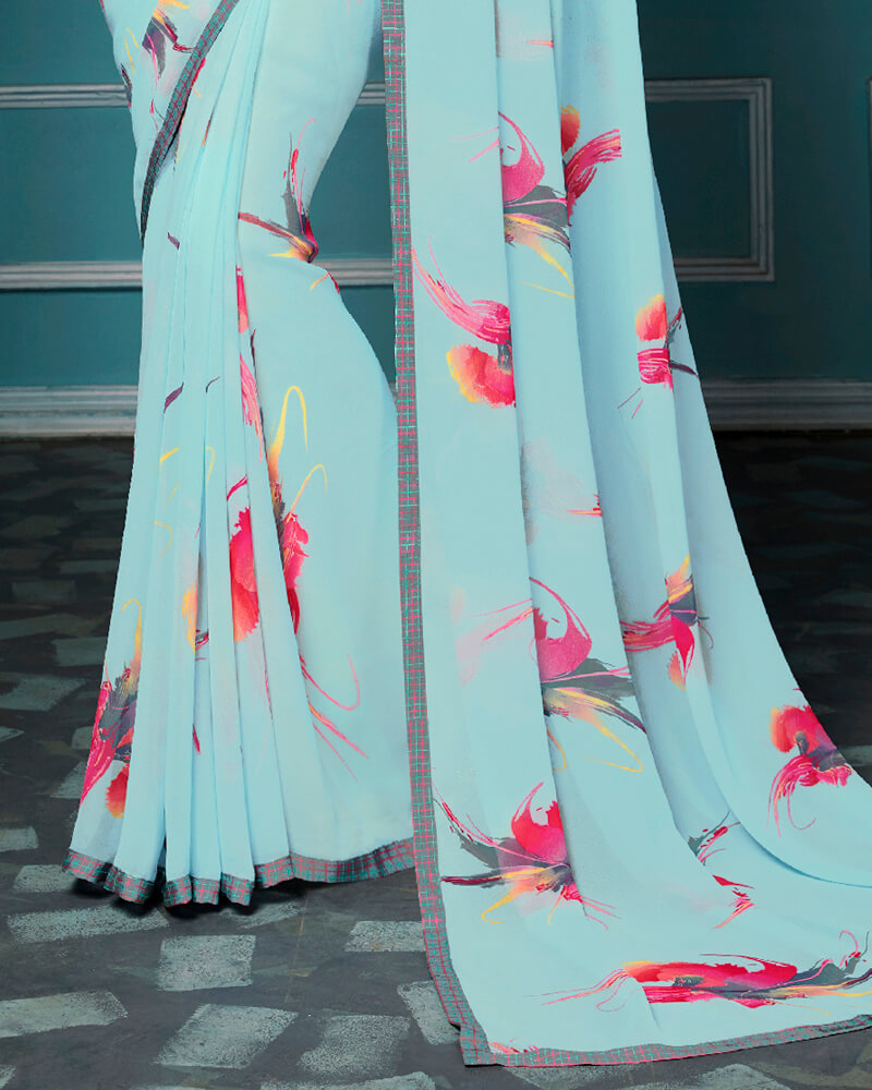 Vishal Prints Pastel Blue Floral Print Georgette Saree With Piping