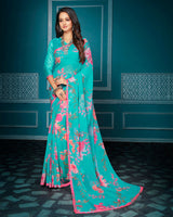 Vishal Prints Light Sea Green Floral Print Georgette Saree With Piping