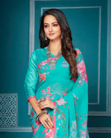 Vishal Prints Light Sea Green Floral Print Georgette Saree With Piping