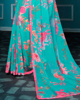 Vishal Prints Light Sea Green Floral Print Georgette Saree With Piping