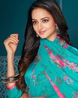 Vishal Prints Light Sea Green Floral Print Georgette Saree With Piping