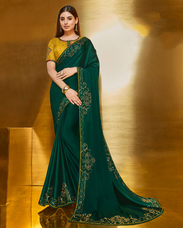 Vishal Prints Deep Sea Green Satin Saree With Stone Work
