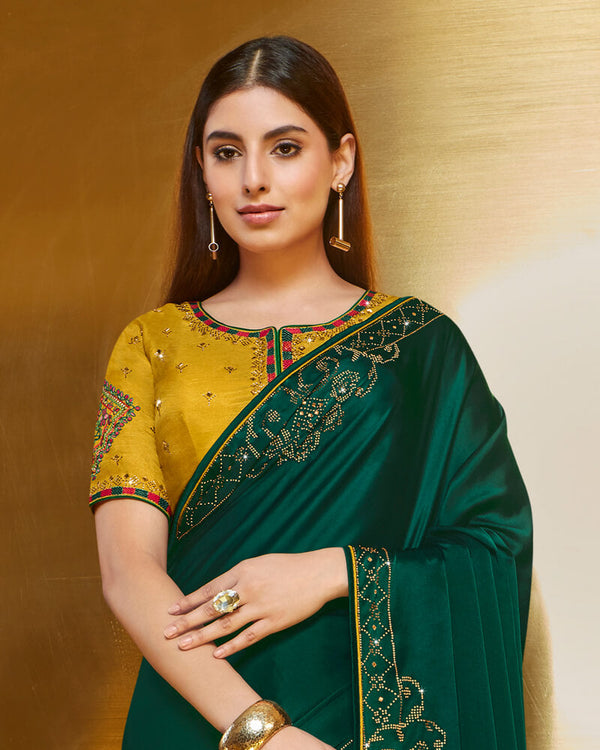 Vishal Prints Deep Sea Green Satin Saree With Stone Work