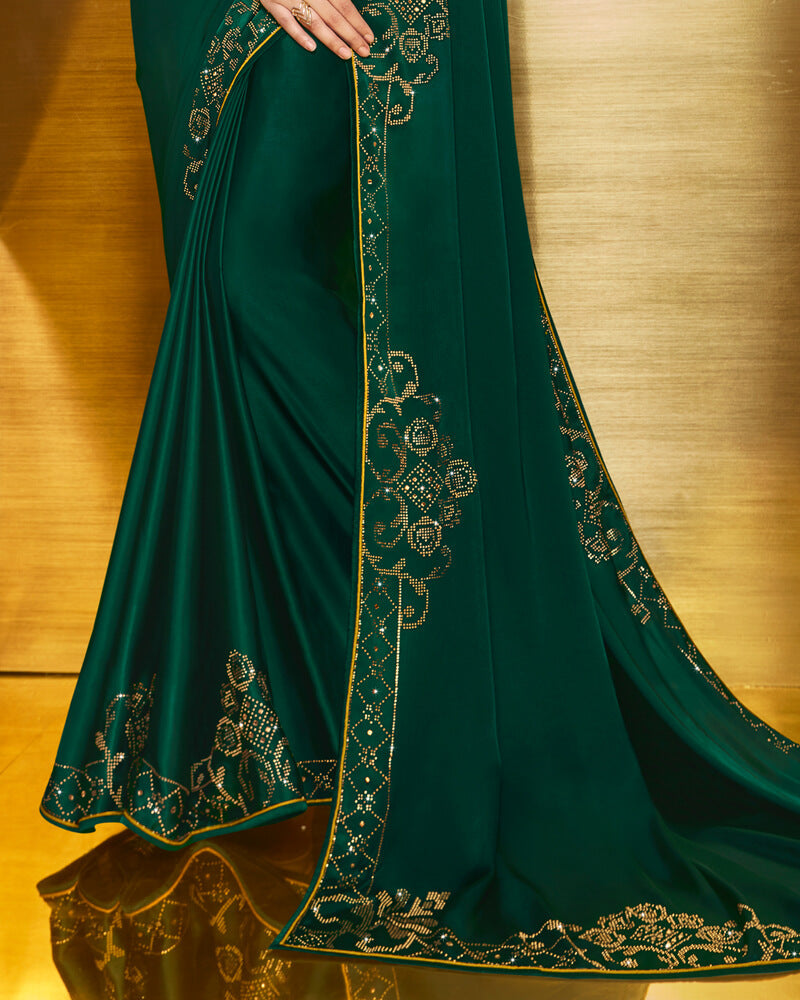 Vishal Prints Deep Sea Green Satin Saree With Stone Work