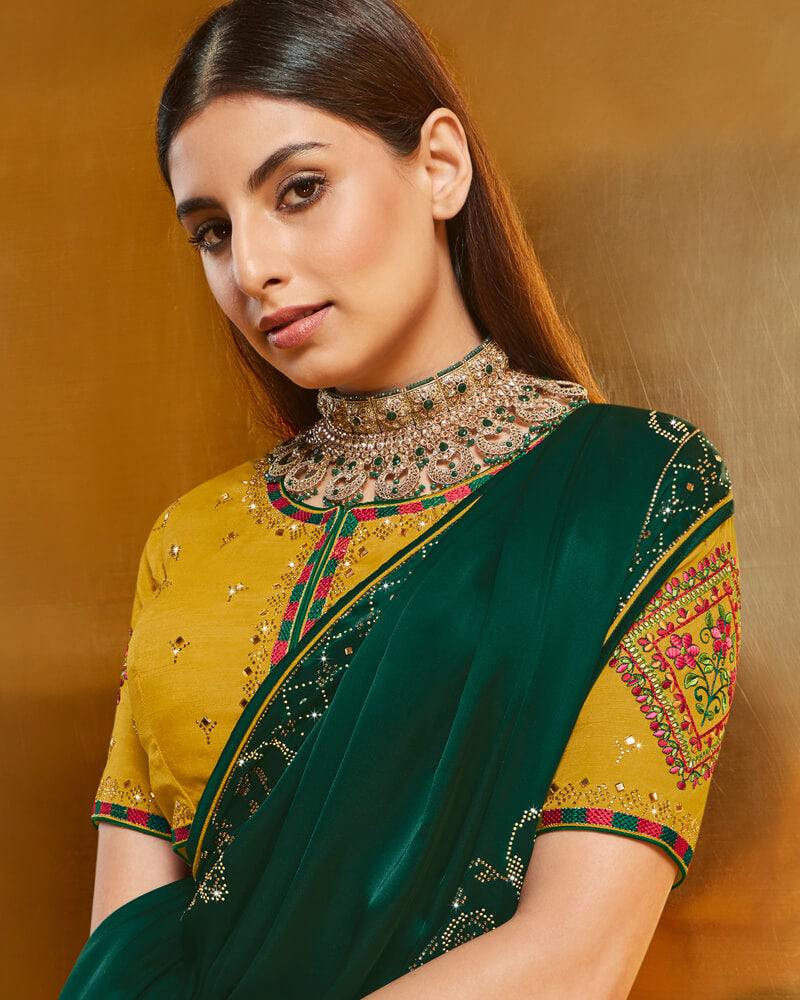 Vishal Prints Deep Sea Green Satin Saree With Stone Work