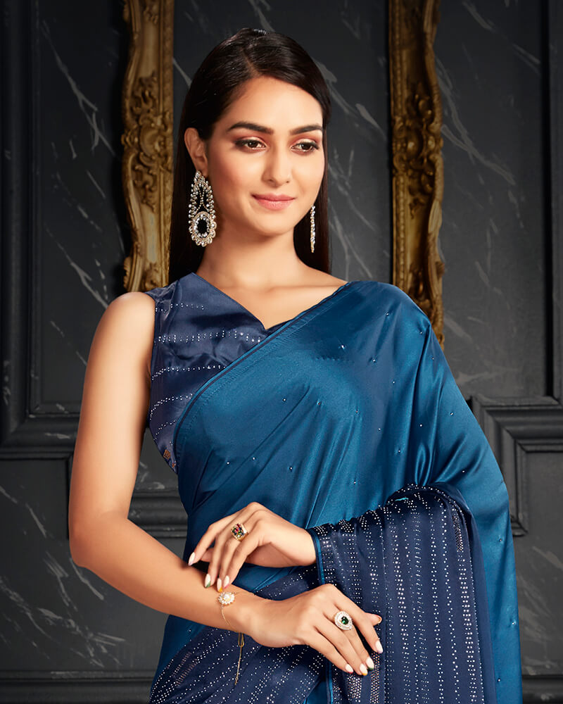 Vishal Prints Dark Blue Satin Saree With Stone Work