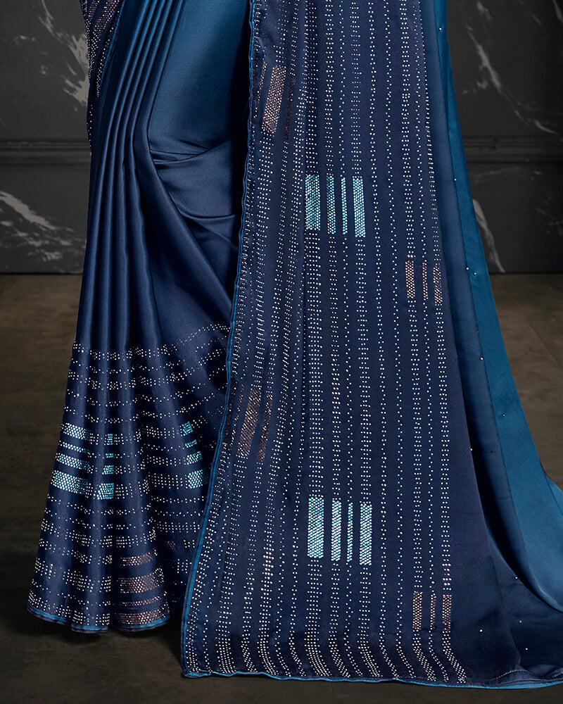 Vishal Prints Dark Blue Satin Saree With Stone Work