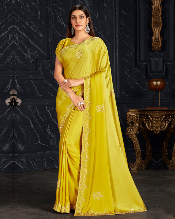 Vishal Prints Yellow Satin Saree With Stone Work
