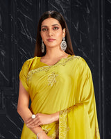 Vishal Prints Yellow Satin Saree With Stone Work