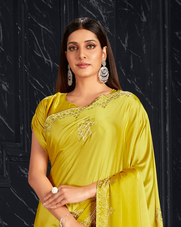 Vishal Prints Yellow Satin Saree With Stone Work