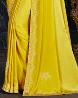 Vishal Prints Yellow Satin Saree With Stone Work