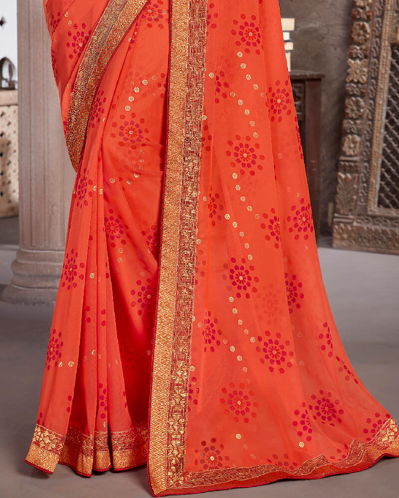Vishal Prints Orange Georgette Saree With Foil Print And Jari Border