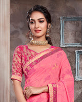 Vishal Prints Pink Georgette Saree With Foil Print And Jari Border