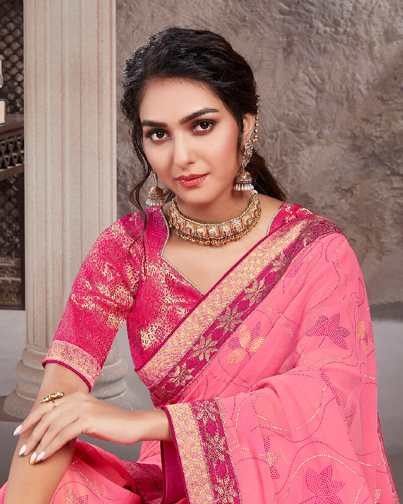 Vishal Prints Pink Georgette Saree With Foil Print And Jari Border
