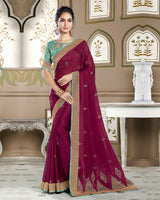 Vishal Prints Wine Chiffon Saree With Embroidery Work And Jari Border